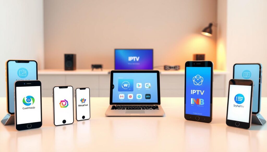 A comparative analysis of IPTV trial subscriptions, showcased in a clean, modern layout. The foreground features an array of smartphones and tablets displaying various IPTV service logos and interfaces, each with a distinct color scheme. The middle ground depicts a sleek, minimalist desk setup with a laptop, remote control, and networking equipment, hinting at the technical aspects of IPTV setup. The background is a softly blurred, neutral-toned environment, allowing the devices and IPTV branding to take center stage. Warm, directional lighting creates depth and highlights the key elements, while a crisp, high-resolution rendering captures the premium quality and performance of the IPTV services.