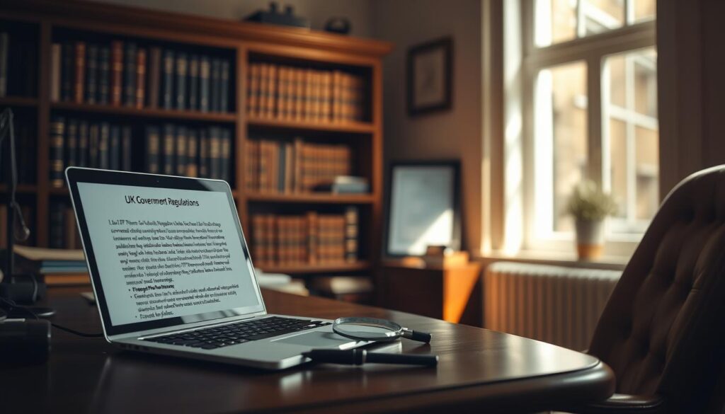 A dimly lit office interior, with a wooden desk and leather chair in the foreground. On the desk, a laptop displaying UK government regulations on IPTV services, along with legal documents and a magnifying glass. In the middle ground, a bookshelf filled with law books, and a framed certificate on the wall. The background is softly blurred, creating a sense of focus on the legal aspects of IPTV services. Warm, natural lighting from a window casts a subtle glow, adding depth and atmosphere to the scene.