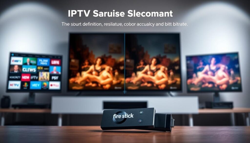 A meticulously designed comparison of IPTV streaming quality, showcasing vibrant visuals and crisp details. In the foreground, a sleek Fire Stick device prominently displayed, surrounded by a grid of streaming service icons. The middle ground features a side-by-side comparison of high-definition video frames, highlighting the subtle differences in resolution, color accuracy, and bitrate. The background subtly blends a soft, cinematic lighting with a muted color palette, creating a professional and informative atmosphere. The overall composition strikes a balance between technical precision and visual appeal, inviting the viewer to explore the essential features for quality IPTV streaming.