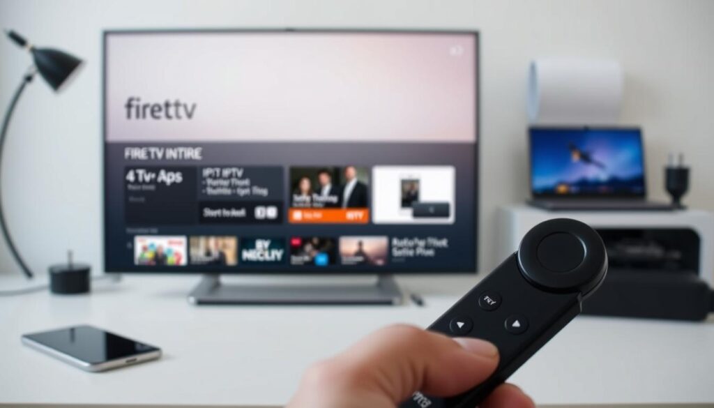 A modern, clean-looking guide for setting up an IPTV service on an Amazon Fire TV Stick. In the foreground, a Fire TV Stick is prominently displayed, with a hand holding a remote controller. The middle ground shows a step-by-step installation process, including screenshots of the Fire TV interface and IPTV app setup. The background features a blurred, minimalist workspace with a laptop, smartphone, and other tech accessories, conveying a sense of a tech-savvy, organized environment. The lighting is soft and diffused, creating a professional, instructional tone. The overall composition and color palette are designed to be visually appealing and informative, perfectly suited for an article on the best IPTV options for the Fire TV Stick.