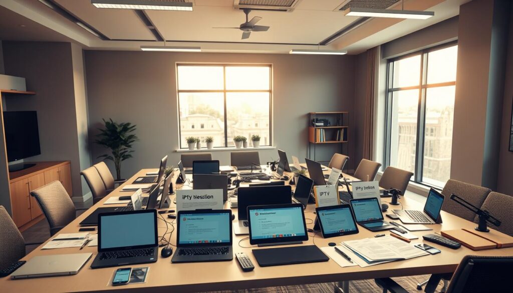 A modern office interior with a large desk showcasing various IPTV subscription options. The desk is cluttered with laptops, tablets, remote controls, and promotional materials, creating a sense of an informed decision-making process. Soft, diffused lighting from overhead fixtures and a large window in the background, casting a warm glow over the scene. The walls are painted in a neutral, calming palette, with minimalist artwork or shelving units visible. The overall atmosphere evokes a professional, technology-focused environment where the viewer can envision themselves evaluating IPTV services.