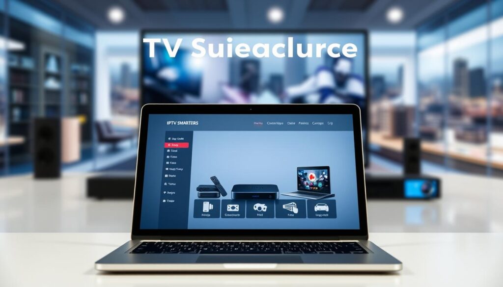 A sleek and modern setup guide for the IPTV Smarters Premium streaming service. The foreground features an open laptop or tablet displaying the user interface, with clean lines and a minimalist design. The middle ground showcases various streaming devices like a smart TV, set-top box, or mobile phone, all seamlessly integrated. The background has a blurred, abstract cityscape or technology-inspired environment, conveying a sense of urban connectivity and advanced digital infrastructure. The lighting is soft and even, creating a professional and polished atmosphere. The overall tone is one of simplicity, sophistication, and ease of use, reflecting the premium nature of the IPTV Smarters service.