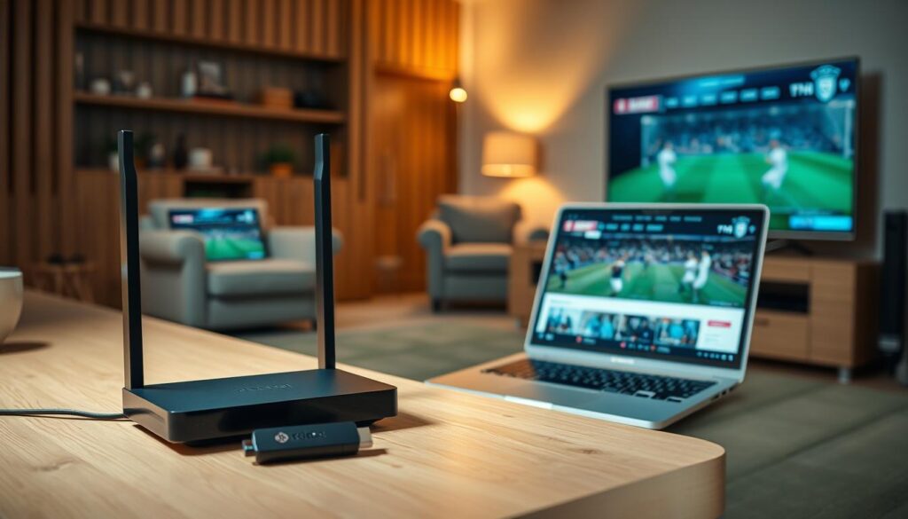 A sleek, modern setup for IPTV football streaming. In the foreground, a high-end wireless router and a streaming device like a Roku or Fire TV Stick, positioned neatly on a minimalist wooden desk. Soft, indirect lighting bathes the scene, creating a warm, inviting atmosphere. In the middle ground, a laptop or tablet displays live Premier League match footage, the UI clean and intuitive. The background features a cozy living room setting, with a comfortable armchair and a large, high-definition television screen tuned to the game. The overall impression is one of a seamless, technology-enhanced viewing experience, perfect for the avid football fan.