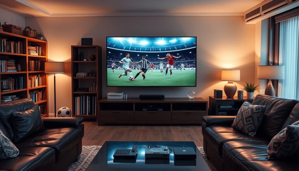A well-lit, cozy living room setup for immersive IPTV football viewing. A large, high-definition TV dominates the foreground, displaying the latest Premier League match highlights. In the middle ground, a comfortable leather sofa faces the TV, with a modern coffee table in front, holding a laptop, remote controls, and a streaming device. The background features bookshelves and tasteful decor, creating a refined, yet relaxed atmosphere. Soft, warm lighting from floor lamps and overhead fixtures enhances the mood, drawing the viewer into the perfect home cinema experience for savoring the thrill of live Premier League action.