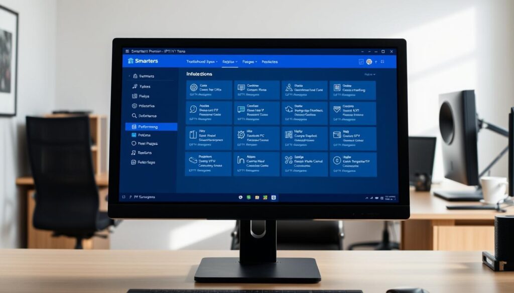 A well-lit, high-resolution image of a desktop computer screen displaying the IPTV Smarters Premium user interface. The screen shows a clean, intuitive dashboard with various menu options and settings for troubleshooting and performance optimization. The foreground focuses on the central screen, while the background has a minimalist, office-like environment with a desk, chair, and other workplace accessories. The lighting is soft and natural, creating a calm, professional atmosphere. The angle is slightly angled to provide a clear, detailed view of the software interface.