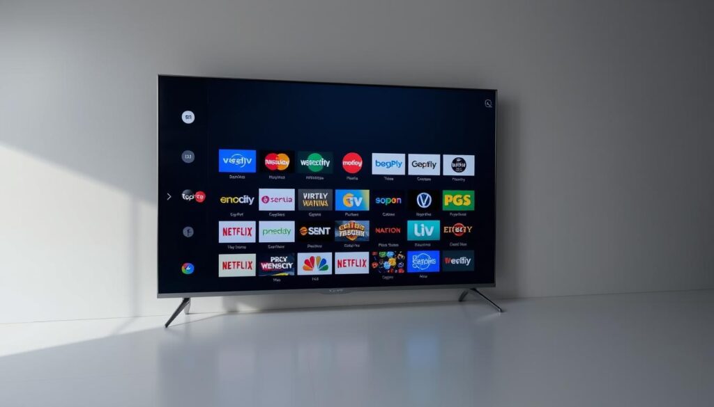 A 4K ultra-high-definition television screen displaying a grid of various UK IPTV channel logos, icons, and thumbnails against a sleek, minimalist grey backdrop. The screen is slightly angled, creating a sense of depth and dimensionality. The lighting is soft and evenly distributed, accentuating the vibrant colors and sharp details of the channel branding. The overall composition conveys a modern, high-tech, and visually appealing aesthetic that aligns with the article's focus on the essential features of a top-tier IPTV service.