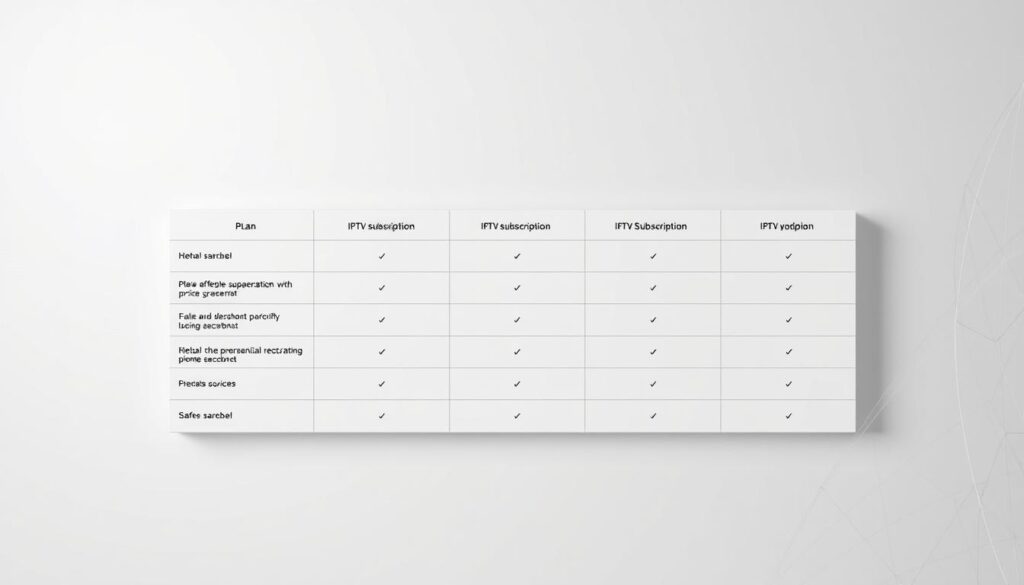 A clean, minimalist table displaying IPTV subscription pricing plans for the UK market. The table occupies the center of the frame, with a soft, muted background that adds depth and a sense of professionalism. The plans are presented in a clear, organized manner, with distinct columns for different features and pricing tiers. The overall look is sleek and modern, reflecting the high-quality and reliable nature of the IPTV services. Subtle grid lines and a neutral color scheme create a visually appealing and easy-to-comprehend layout, perfect for illustrating the section on IPTV subscription UK pricing and plans.