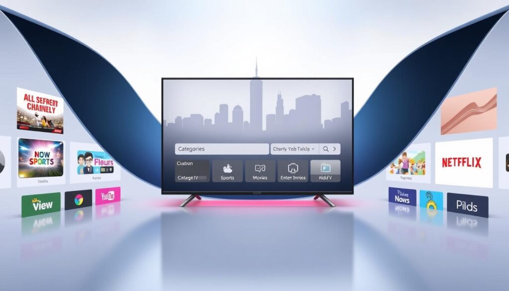 A high-quality digital illustration showcasing the "Popular IPTV Channel Categories" in a sleek, modern style. The foreground features a clean grid layout displaying various channel icons and category labels, such as "News", "Sports", "Movies", "Entertainment", and "Kids". The middle ground presents a minimalist user interface with a search bar, filter options, and category navigation. The background subtly depicts a cityscape skyline, conveying a sense of technology and connectivity. The overall composition is balanced, with a soft color palette, smooth gradients, and subtle ambient lighting to create a professional, intuitive, and visually appealing image.