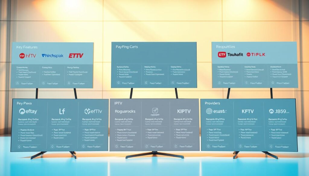 A high-resolution, detailed comparison of leading British IPTV providers, showcased against a modern and minimalist background. The providers are displayed as distinct cards or tiles, each with their respective logos, key features, and pricing information. The layout is clean and organized, allowing for easy comparison. The overall scene is bathed in warm, natural lighting, creating a professional and trustworthy atmosphere. The perspective is slightly elevated, providing a comprehensive overview of the providers, while maintaining a visually appealing and balanced composition.