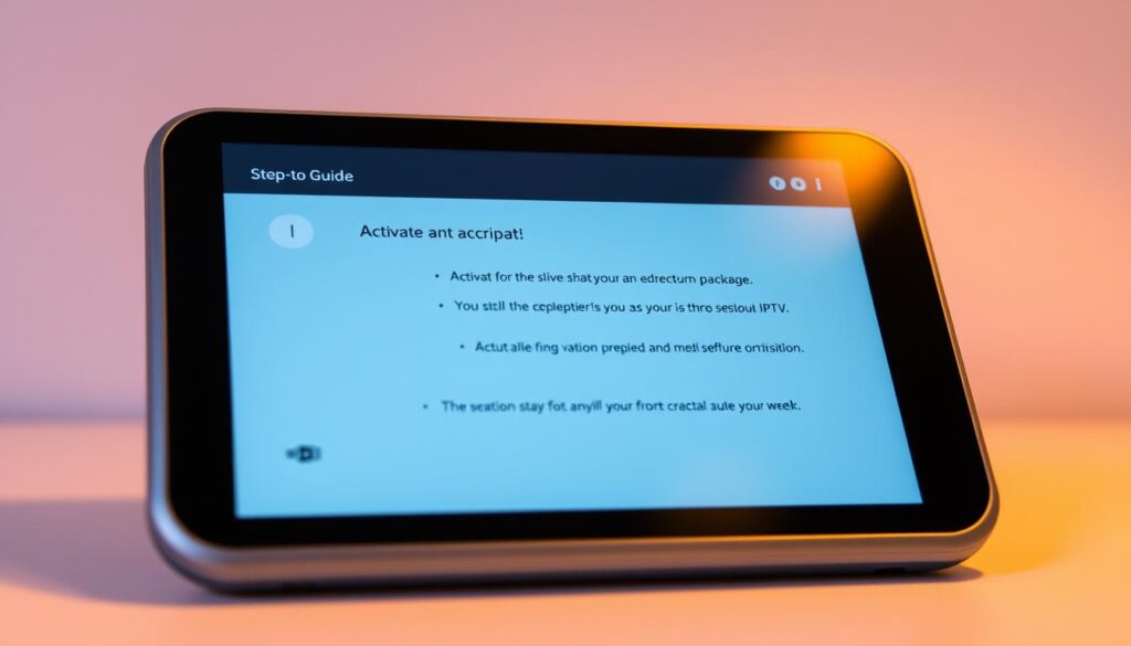A modern digital device displaying a step-by-step guide for activating a UK IPTV subscription package. The screen shows clear instructions and UI elements in a sleek, minimalist design. The device is captured at a slight angle, allowing the viewer to see the guide in use. The background is a plain, neutral color that keeps the focus on the device and the content it displays. Warm, diffused lighting illuminates the scene, creating a sense of professionalism and authority. The overall mood is informative and practical, suitable for a how-to guide on a technology-related topic.