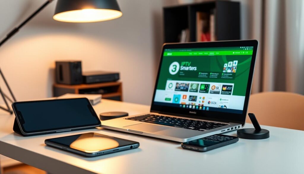 A sleek and modern home office setup with a laptop, tablet, and smartphone on a clean, minimalist desk. The laptop screen displays the IPTV Smarters app interface, with its signature green and white color scheme. Soft, warm lighting from an overhead lamp creates a cozy, inviting atmosphere. The scene is captured from a slightly elevated angle, emphasizing the organized and professional nature of the workspace. The background is blurred, keeping the focus on the IPTV Smarters setup in the foreground.