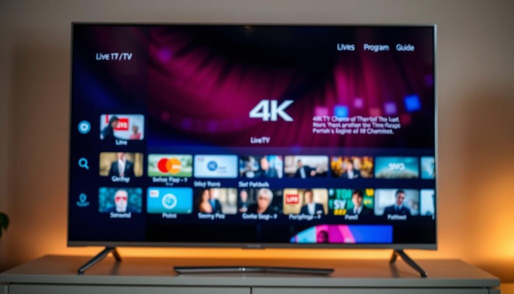 A sleek, modern 4K IPTV service interface displayed on a high-resolution television screen. The foreground showcases various live TV channel icons, seamlessly organized and easily navigable. The middle ground features an elegant program guide with detailed information about current and upcoming shows. In the background, a subtle bokeh effect creates a sense of depth, highlighting the vivid 4K imagery and vibrant color palette. Subtle ambient lighting casts a warm, inviting glow, creating a premium, immersive viewing experience. The overall composition conveys the cutting-edge technology and premium quality of the 4K IPTV service.