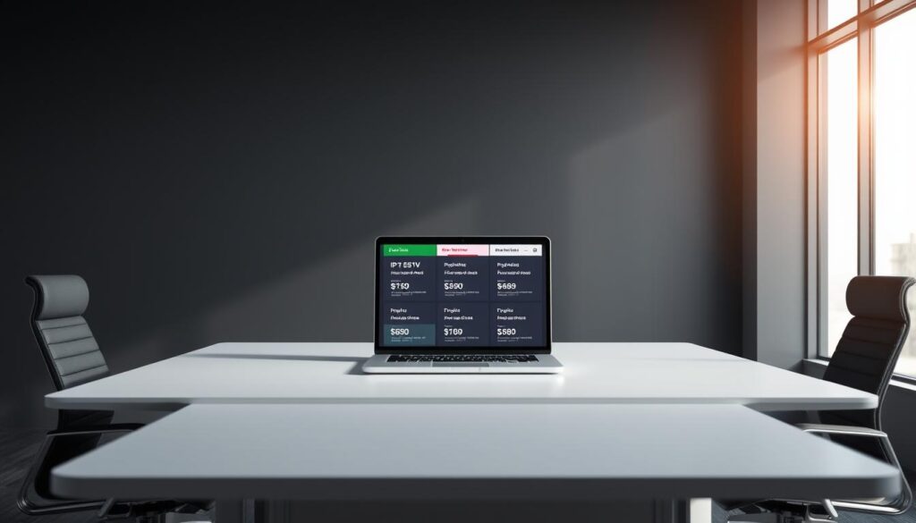 A sleek, modern office setting with a large desk and ergonomic chairs. On the desk, a laptop displays different IPTV subscription pricing options in a clean, infographic-style layout. The background features a minimalist, dark gray wall accentuated by a large, backlit window that floods the scene with natural light. Subtle shadows and highlights create depth and a professional, high-quality atmosphere. The overall composition conveys a sense of clarity, organization, and attention to detail, perfectly suited to illustrate the "IPTV Subscription Options and Pricing" section.
