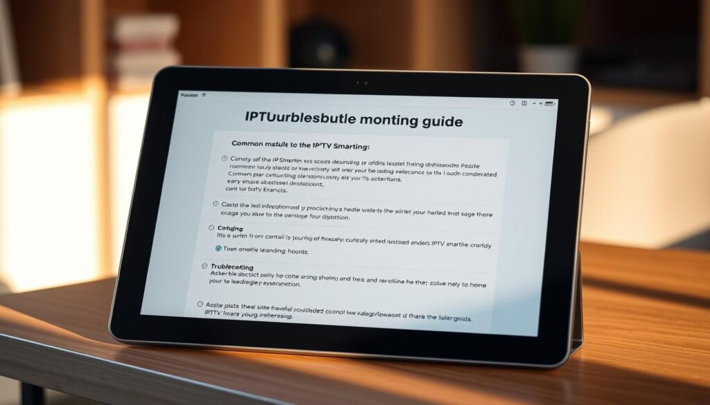 A troubleshooting guide for the IPTV Smarters app, displayed on a high-resolution tablet device. The guide is presented in a clean, minimalist interface with a soft, warm lighting from the side, casting subtle shadows. The screen shows step-by-step instructions and common error messages, with clear icons and infographics to illustrate the troubleshooting process. The tablet is situated on a modern, wooden desk, with a blurred background of a cozy home office environment. The overall mood is one of helpful, practical guidance, designed to assist users in resolving any issues they may encounter when using the IPTV Smarters app.