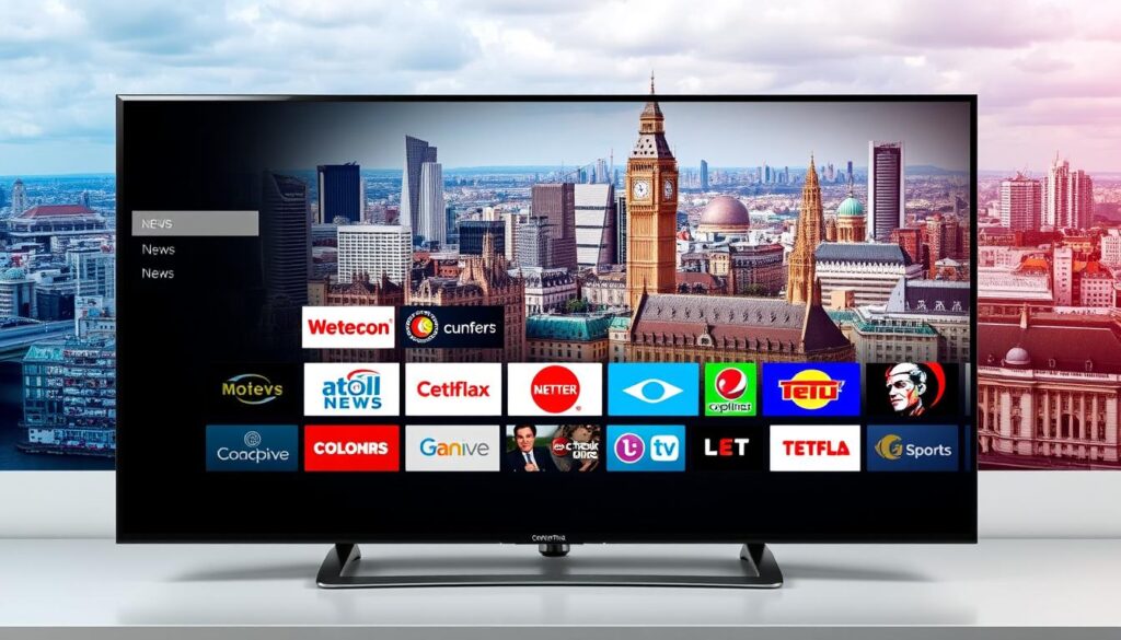 A vibrant and comprehensive IPTV content library in the UK, showcasing a diverse selection of television channels. The foreground features a sleek and modern user interface, highlighting the vast array of options available, from news and entertainment to sports and specialty programming. The middle ground showcases various channel logos and thumbnails, each reflecting the unique character and branding of the respective networks. The background presents a cityscape of iconic British landmarks, subtly hinting at the local context and the breadth of content catered to the UK audience. The overall atmosphere is one of accessibility, choice, and the seamless integration of digital media into the modern lifestyle.