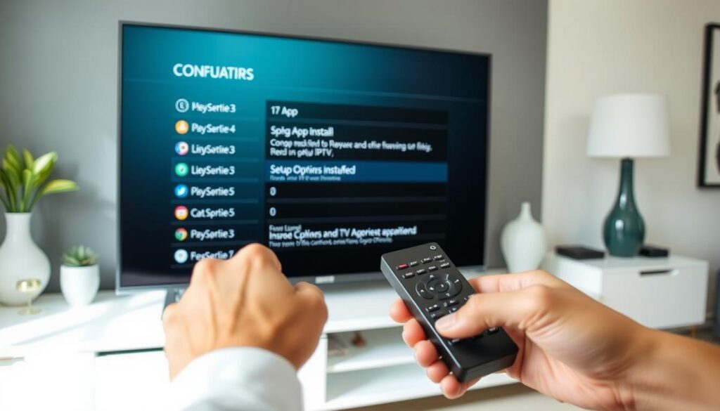 A well-lit, contemporary smart TV setup showing a step-by-step IPTV configuration process. In the foreground, hands operate a TV remote, navigating through on-screen menus. The middle ground features the smart TV display, showcasing IPTV app installation and setup options. The background subtly depicts a modern living room environment with minimalist decor, providing context. The lighting is bright and natural, creating a warm, informative atmosphere to illustrate the IPTV setup experience on a smart TV.