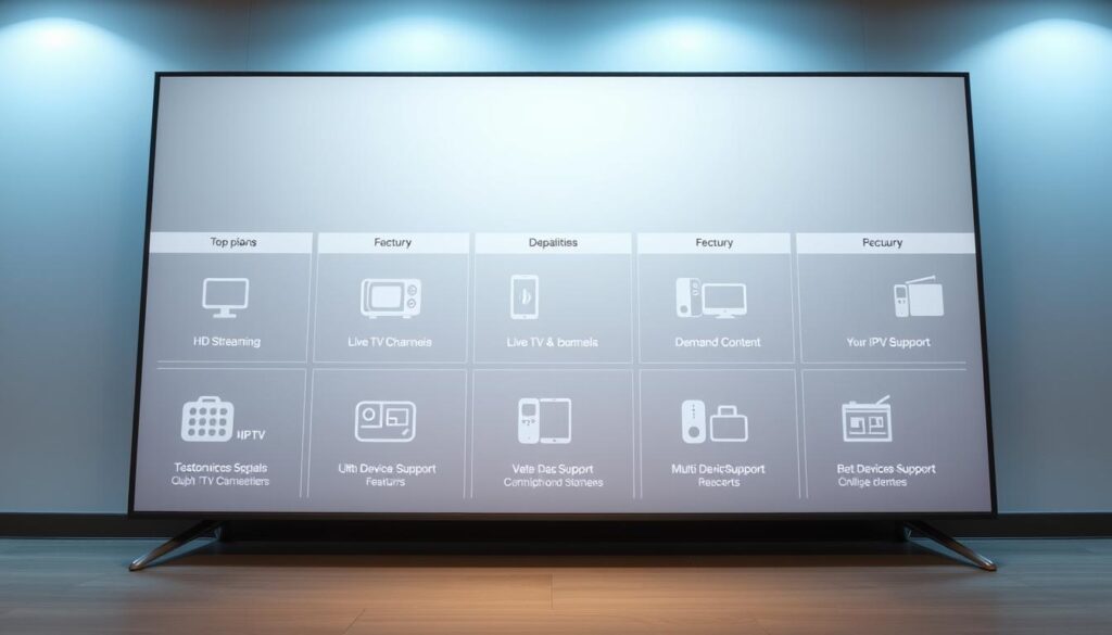 A well-organized and sleek IPTV package display, showcasing the top features of UK IPTV subscription plans. The foreground features a grid of IPTV plan icons, each highlighting key capabilities like HD streaming, live TV channels, on-demand content, and multi-device support. The middle ground depicts a clean, minimalist interface with smooth transitions and modern UI elements. The background suggests a subtle gradient or texture, creating a professional and inviting atmosphere. Soft, even lighting illuminates the scene, emphasizing the clarity and quality of the IPTV offerings. The overall composition conveys a sense of technological sophistication and the value proposition of the UK IPTV subscription plans.