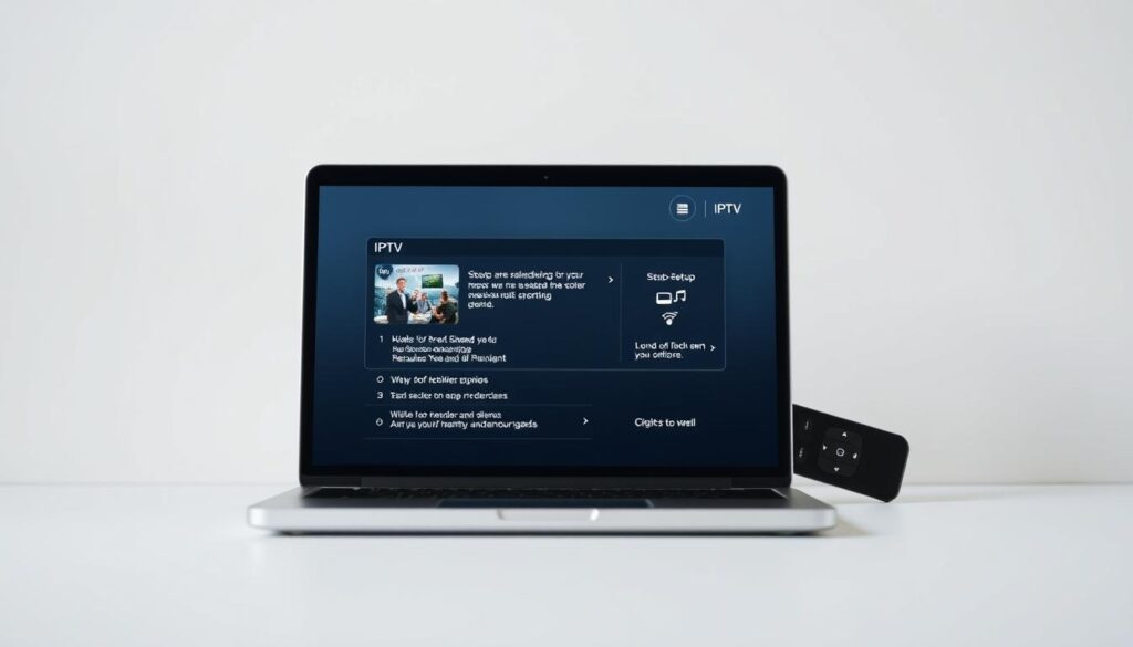 An IPTV setup guide with a clean, minimal, and informative design. Set against a soft, muted background, the foreground features a laptop or tablet display showcasing the IPTV interface and setup steps. The display is well-lit, with a natural, diffused lighting that creates depth and emphasizes the content. The middle ground includes a smartphone or remote control, subtly suggesting the various devices and connections involved in the IPTV setup process. The background maintains a sense of simplicity, with gentle gradients or a subtle texture to provide a cohesive and visually appealing composition. The overall mood is one of clarity, ease, and guidance, inviting the viewer to engage with the IPTV free trial setup process.