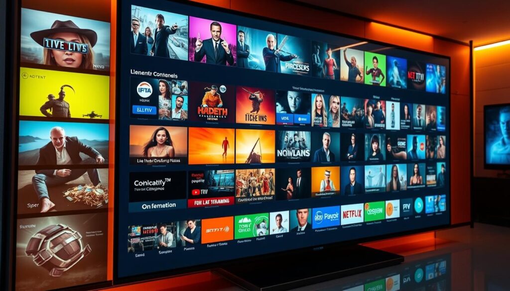An expansive digital landscape of IPTV channels and streaming options. Diverse entertainment content displayed on a sleek, futuristic display panel, illuminated by warm, ambient lighting. Vibrant icons and intuitive interfaces showcase a wide range of programming, from live news and sports to on-demand movies and TV shows. The scene conveys a sense of technological innovation and the convenience of accessing a world of content through the internet. Precise camera angle and composition emphasize the centrality and importance of this comprehensive IPTV ecosystem.