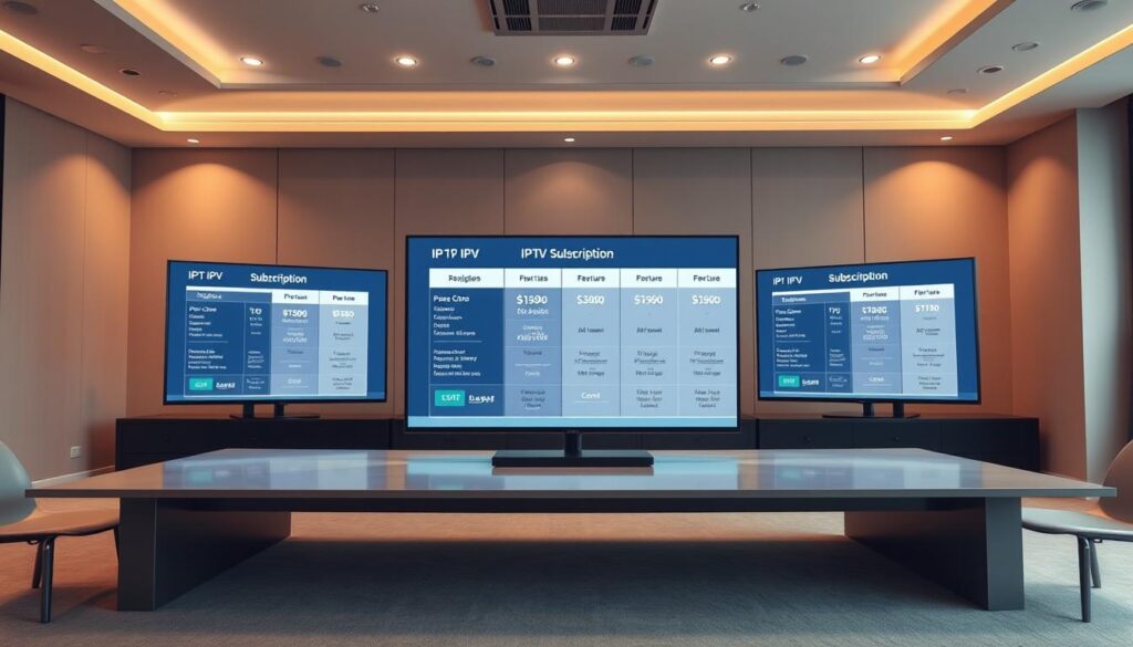 An expansive, luxurious table in a modern, minimalist office setting, showcasing various IPTV subscription plans and pricing details displayed on sleek, high-resolution digital screens. The scene is bathed in warm, diffused lighting from recessed ceiling fixtures, creating a professional and inviting atmosphere. The screens present a clean, well-organized layout with clear pricing comparisons, plan features, and service details. The overall composition emphasizes the high-quality, premium nature of the IPTV offerings, inviting the viewer to closely examine the comparative information.