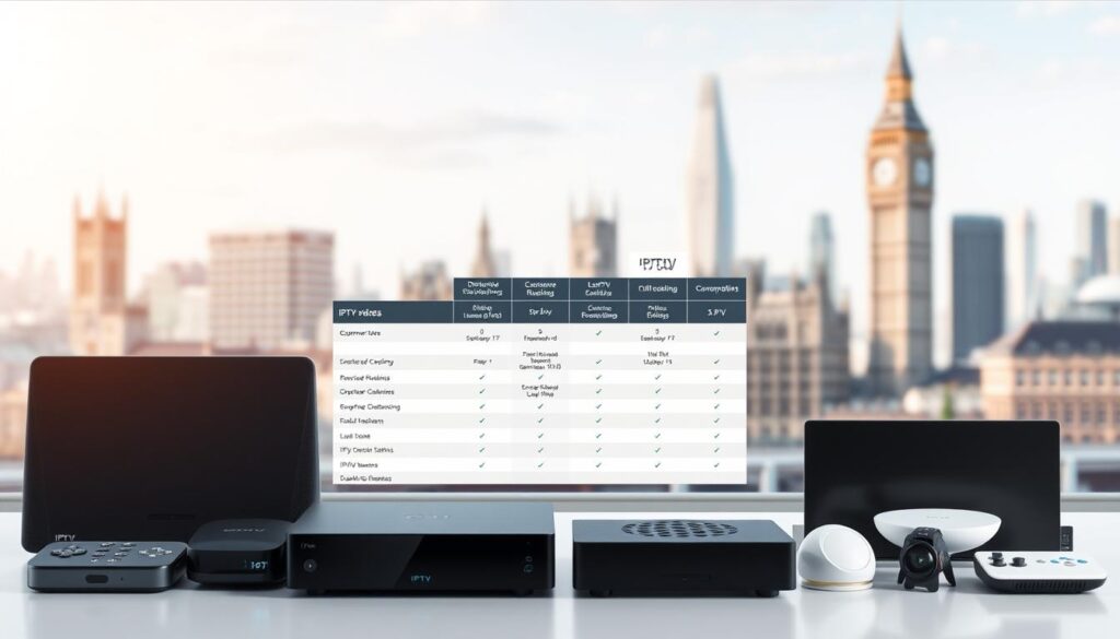 Detailed comparison of IPTV service providers in the UK, showcased in a clean, modern layout. In the foreground, various IPTV device icons and logos neatly arranged. In the middle ground, a side-by-side comparison table highlighting key features, pricing, and customer ratings for the top IPTV providers. The background features a soft, blurred city skyline with iconic UK landmarks, conveying a sense of professionalism and authority. Bright, balanced lighting and a crisp, high-resolution rendering to ensure a clear, visually compelling illustration for the article.