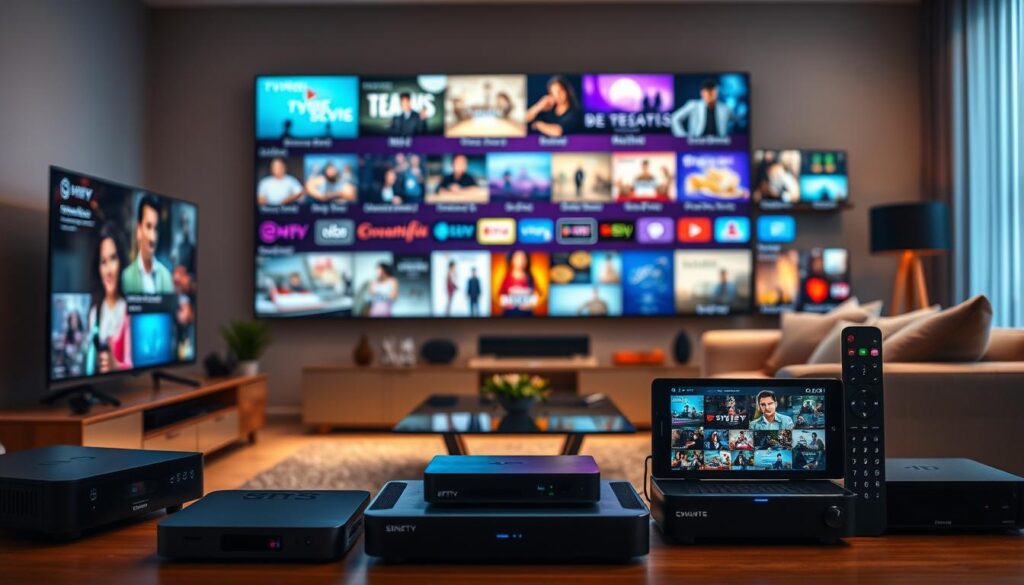 Detailed scene of IPTV benefits and streaming services. In the foreground, various streaming devices like smart TVs, set-top boxes, and mobile devices are prominently displayed, showcasing the versatility of IPTV access. The middle ground features a vibrant, high-definition display of popular streaming content such as live TV channels, on-demand movies, and TV shows. In the background, a sleek, modern living room setting with comfortable furniture creates an immersive home entertainment atmosphere. The lighting is warm and inviting, with a soft glow emanating from the screens. The overall composition conveys the convenience, flexibility, and entertainment value of IPTV and streaming services.